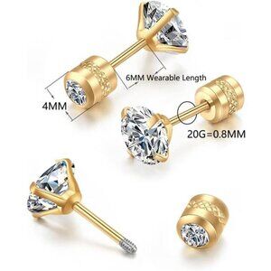 Titanium Screw Back Stud Earrings/ CZ Earrings Hypoallergenic Surgical Steel
